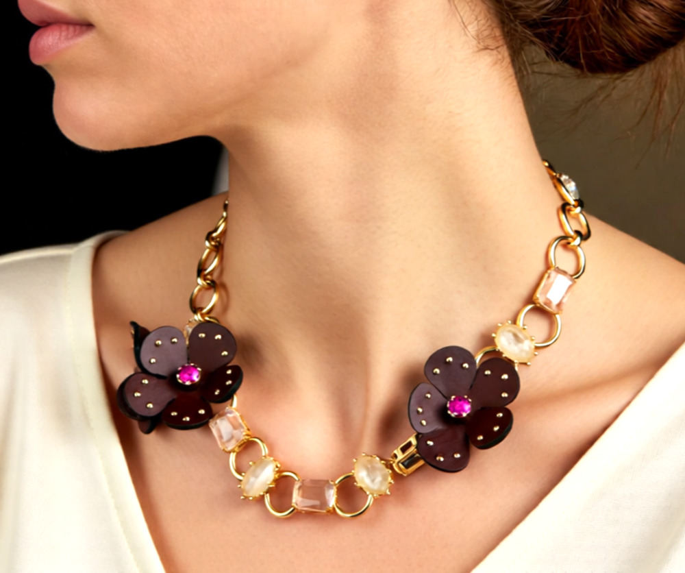 NWT Kate Spade BLOOMING BLING 12K Gold Plated Stone/Leather Flower Necklace-$128